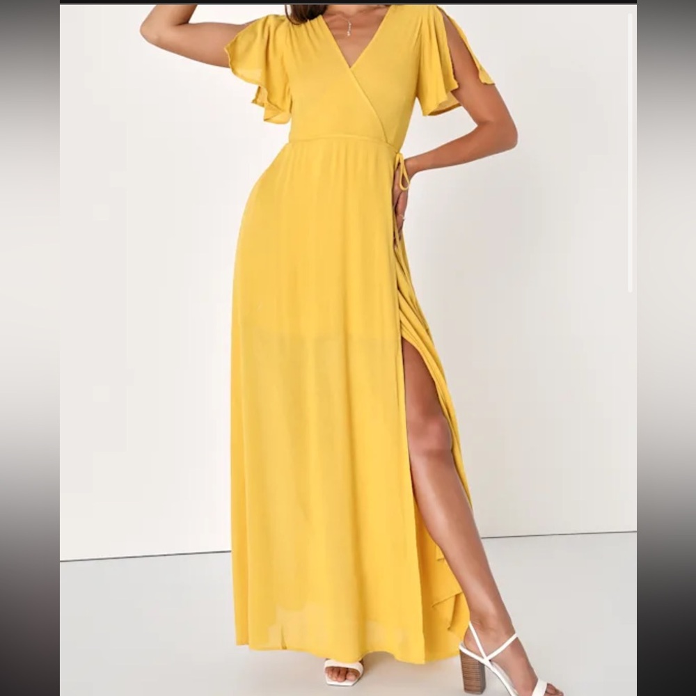 Lulus Much Obliged Golden Yellow Wrap Tie Maxi Dress XS Mustard Flowy Romantic